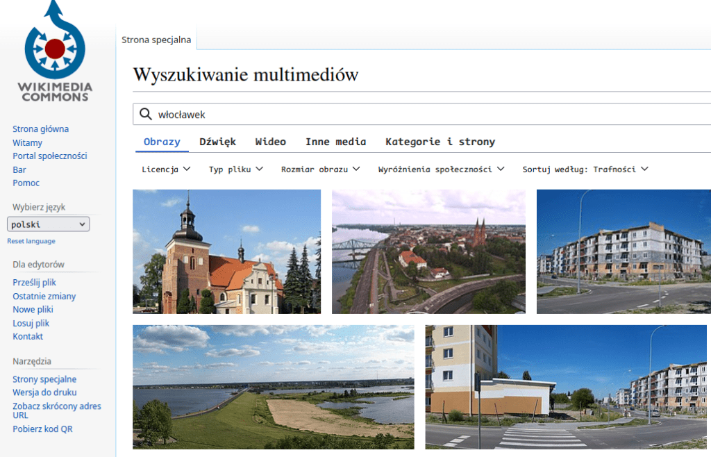 Otwarty dostęp na przykładzie Wikimedia Commons (na zdjęciu wyniki dla wyszukiwania "Włocławek")