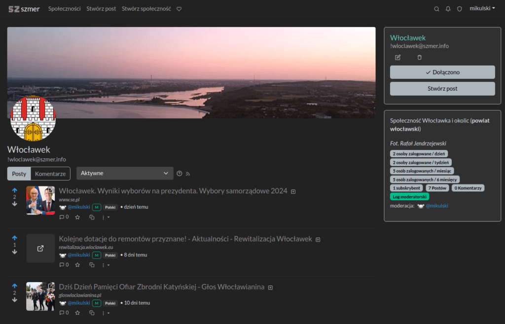 Przykład społeczności Włocławek na platformie Szmer.info
