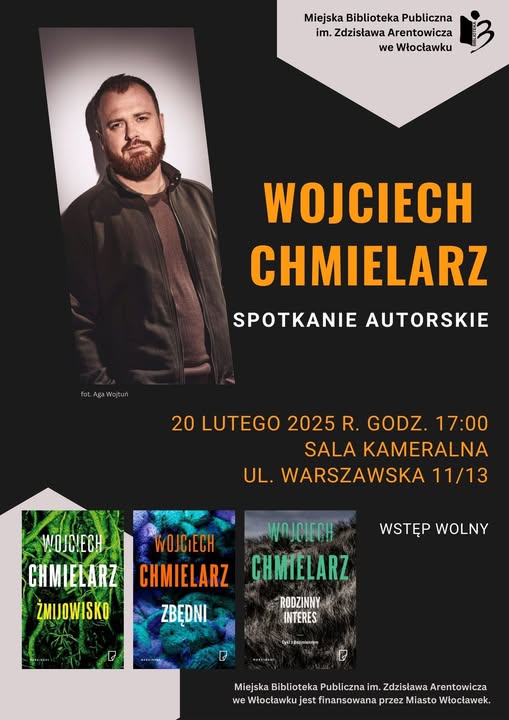 Plakat promujący spotkanie "Czytelnicze Oblicze" z Wojciechem Chmielarzem