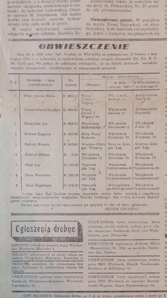 Obwieszczenie z "Gazety Kujawskiej"