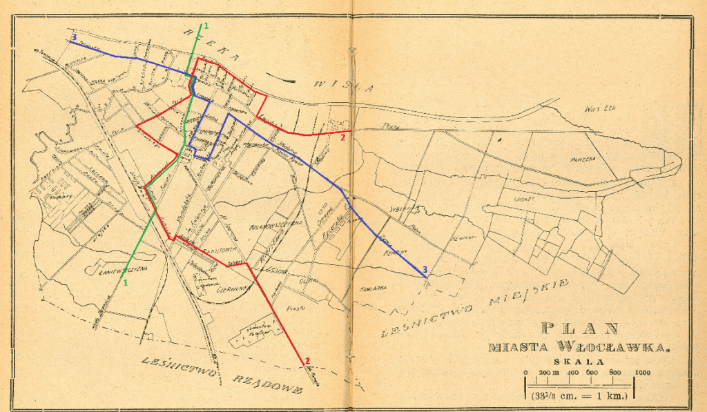 Schemat linii komunikacyjnych w 1929 r. naniesiony na plan miasta Włocławka z lat 20-tych