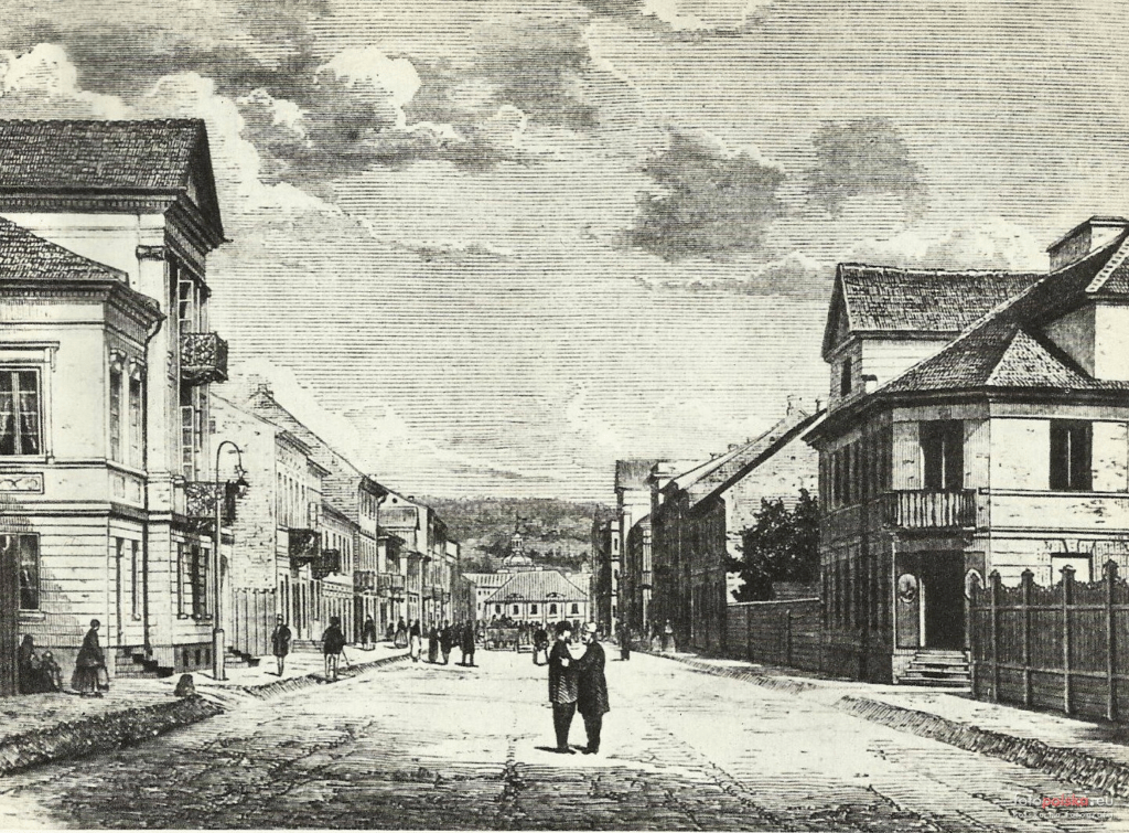 ul. Nowa, sztych z 1868 r., widoczne lampy uliczne