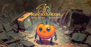 Pan Pomidorek Robotek na wysypisku i napis z logiem Keczupkonu