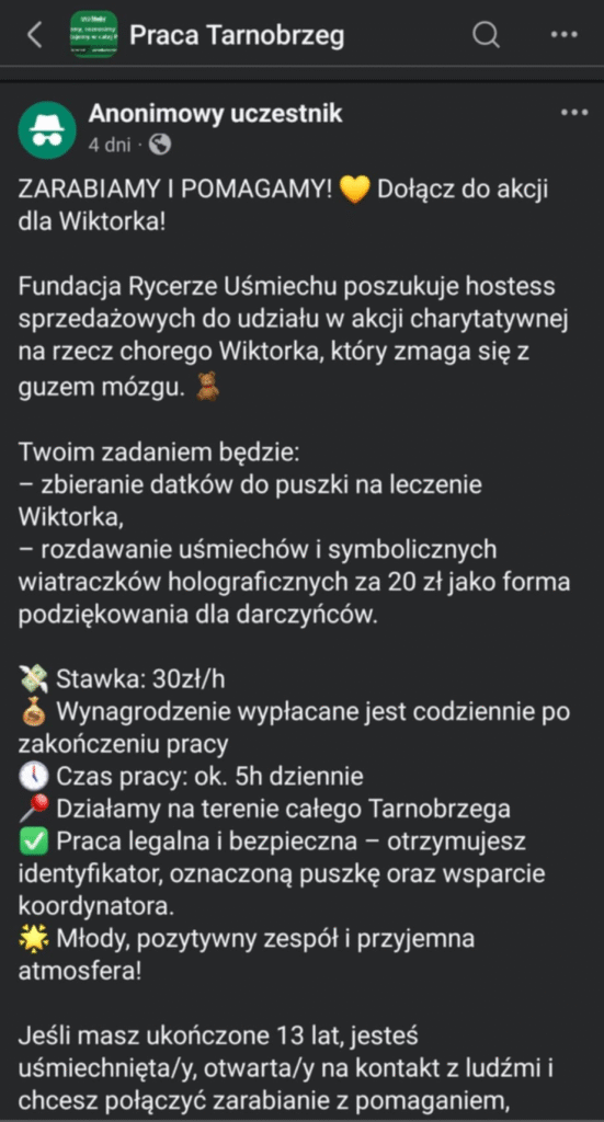 Zrzut ekranu z ogłoszenia o pracę fundacji Rycerze Uśmiechu