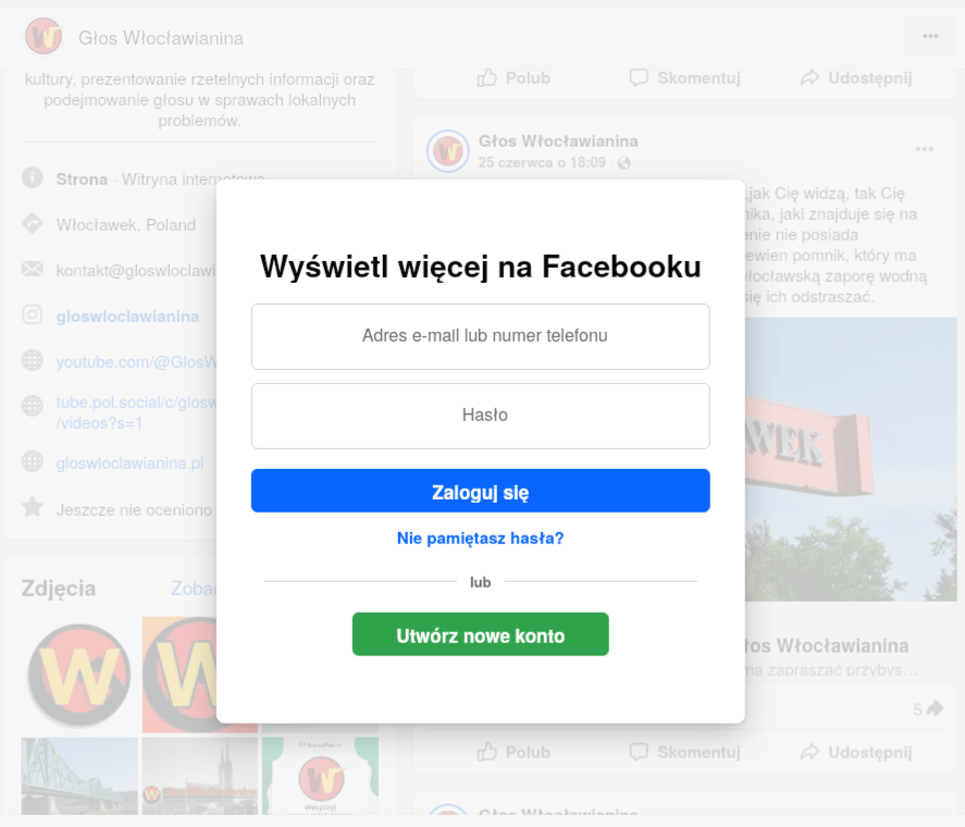 Zrzut ekranu z Facebooka. Przykład blokowania przez Facebooka treści dla niezalogowanych użytkowników.
