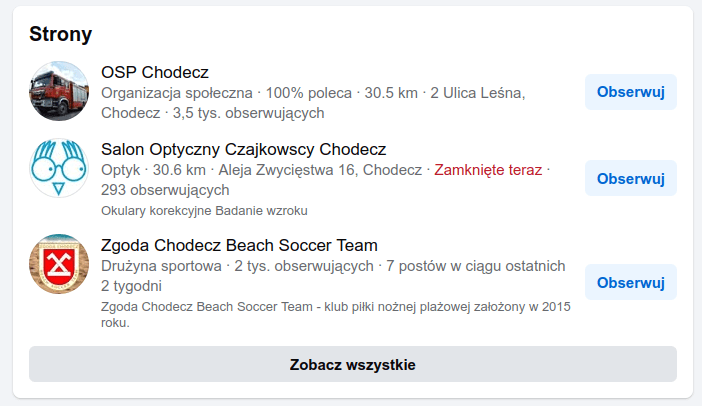 Wyniki wyszukiwania "Chodecz" dla stron i brak widocznej oficjalnej strony na Facebooku gminy Chodecz.