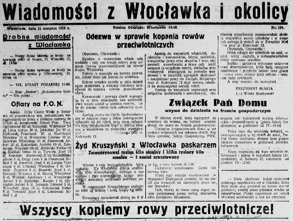 Wiadomości z Włocławka i okolicy z 31 sierpnia 1939 roku. Źródło: Dziennik Kujawski. 1939, R. 47 nr 199