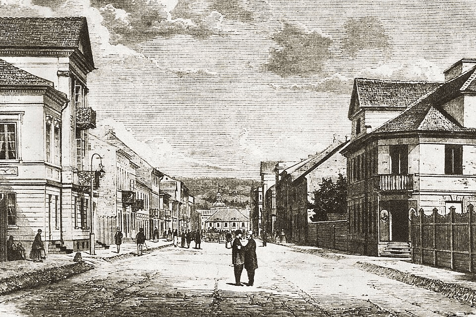 Stary ratusz od strony ul. 3 Maja. Drzeworyt autorstwa Adolfa Kozarskiego, 1868 r.