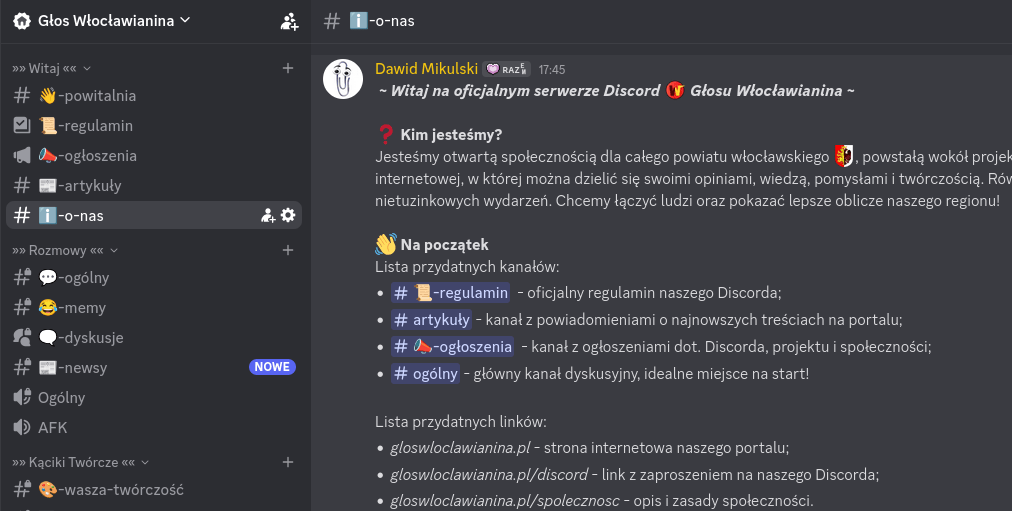 Zrzut ekranu z oficjalnego Discorda Głosu Włocławianina
