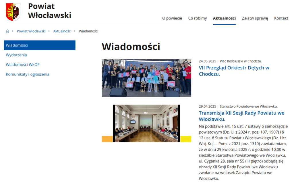 Zrzut ekranu ze strony internetowej powiatu włocławskiego w zakładce "Aktualności". Brak informacji nt. nowego transportu zbiorowego.