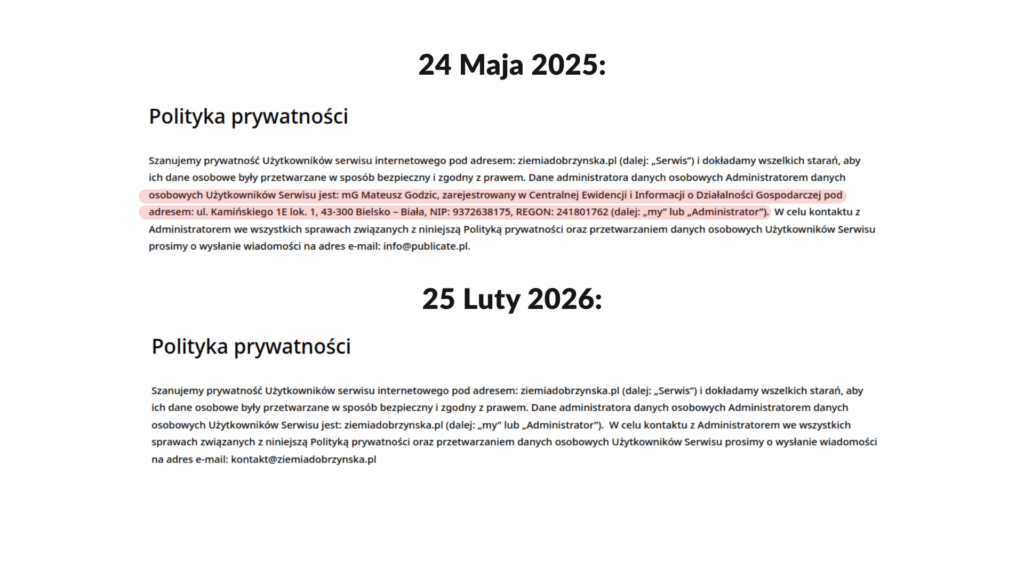 Porównanie obu wersji strony polityki prywatności - 24 maja 2025 oraz 25 luty 2026. Poprzednia wersja zawierała dane właściciela witryny