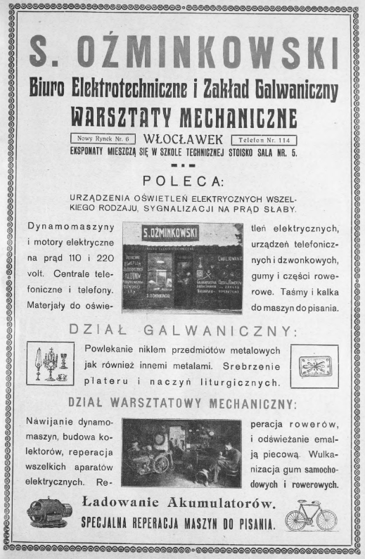 Reklama biura elektrotechnicznego i zakładu galwanicznego S. Oźminkowski