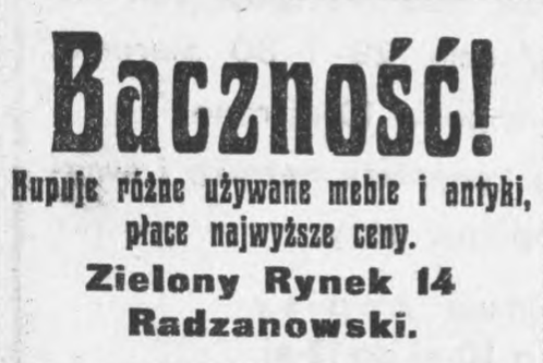 Reklama sklepu J. Radzanowski, lata 20-te XX wieku