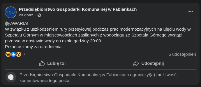 Post Przedsiębiorstwa Gospodarki Komunalnej w Fabiankach na Facebooku z dnia 23 czerwca 2026