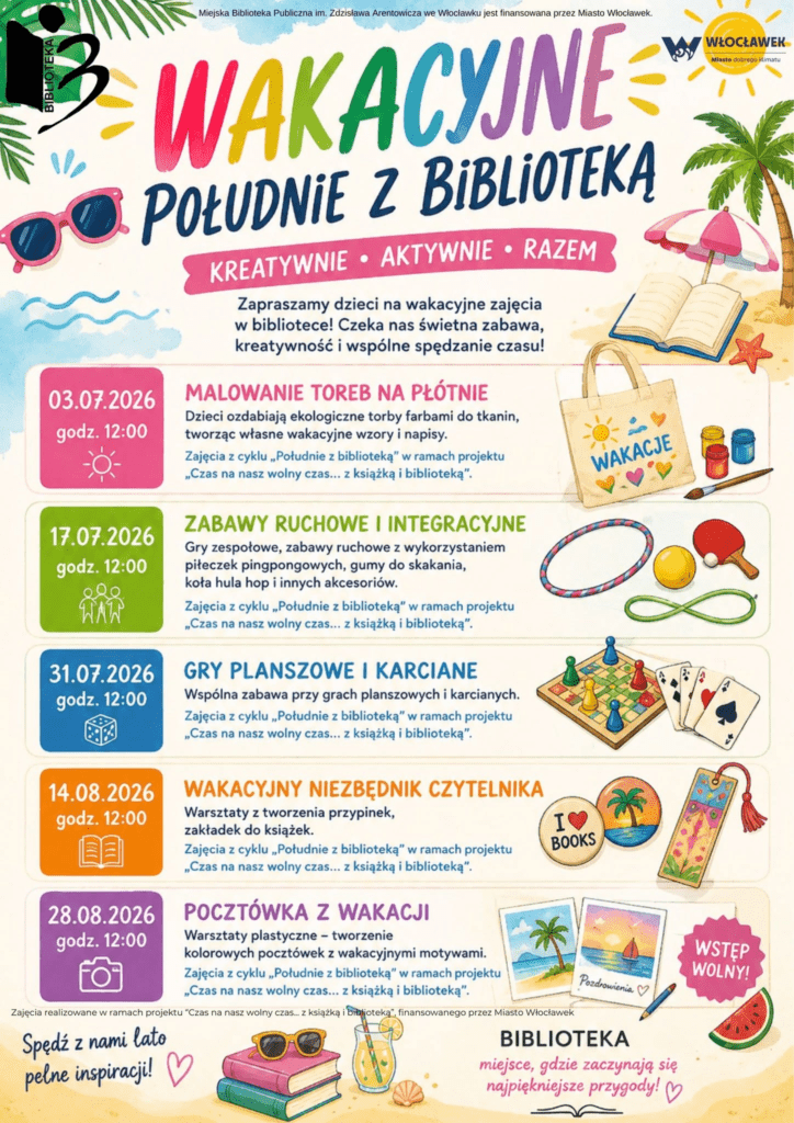 Plakat wydarzenia "Wakacyjne Popołudnie z Biblioteką"
