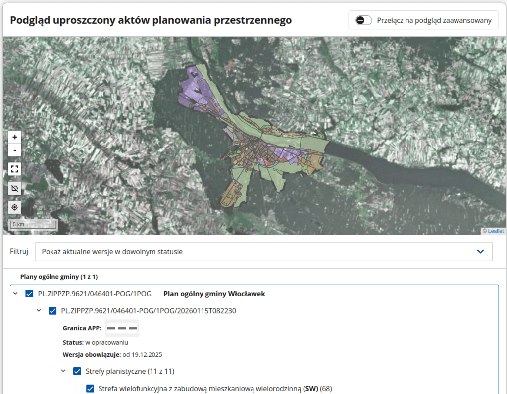 Zrzut ekranu z Przeglądarki danych planistycznych