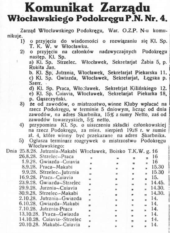 Terminarz rozgrywek, 1928 r.