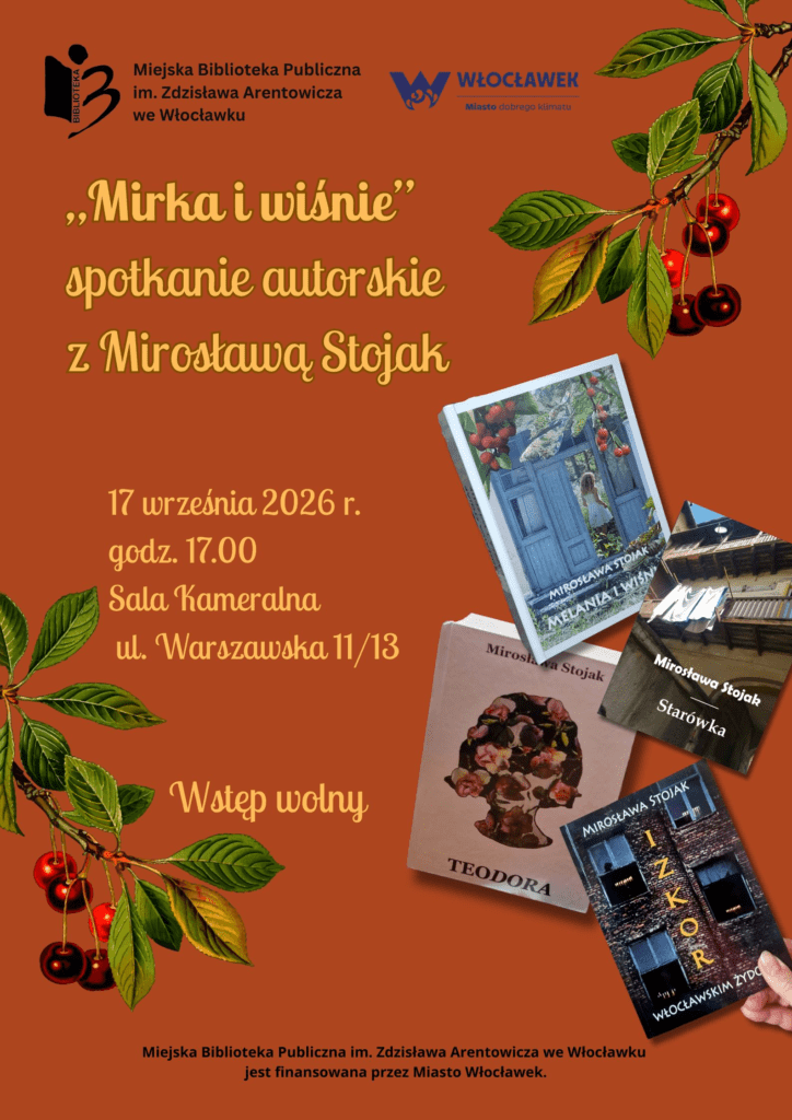 Plakat promujący wydarzenie „Mirka i wiśnie” – spotkanie autorskie z Mirosławą Stojak