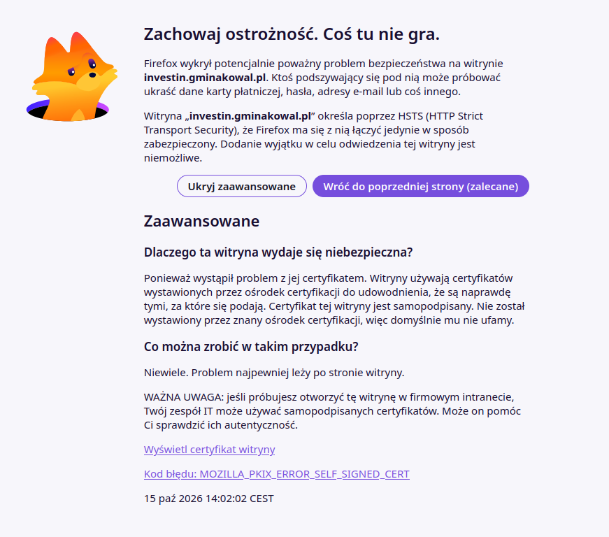 Zrzut ekranu, prezentujący problemy z domeną investin.gminakowal.pl
