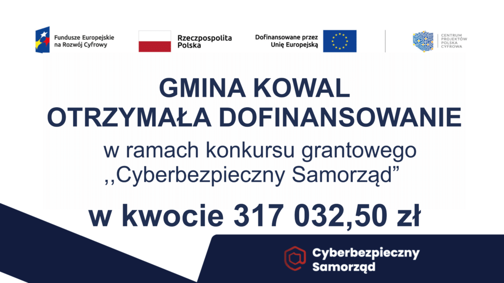 Informacja o dofinansowaniu gminy Kowal w kwocie 317 032,50 zł w ramach konkursu grantowego "Cyberbezpieczny Samorząd"